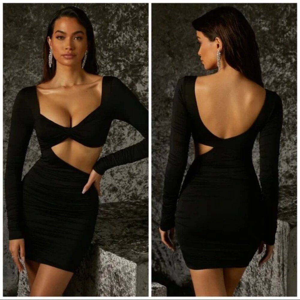 Oh Polly Sweet Nothings Long Sleeve Mini Dress‎ Size 12 Black Ruching Bodycon